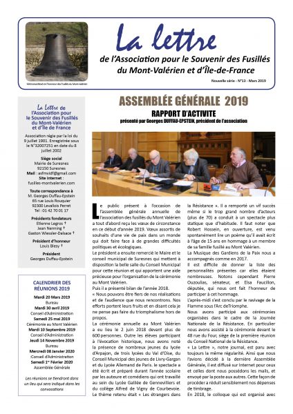 Parution de La Lettre du Mont-Valérien N°13 – Mars 2019